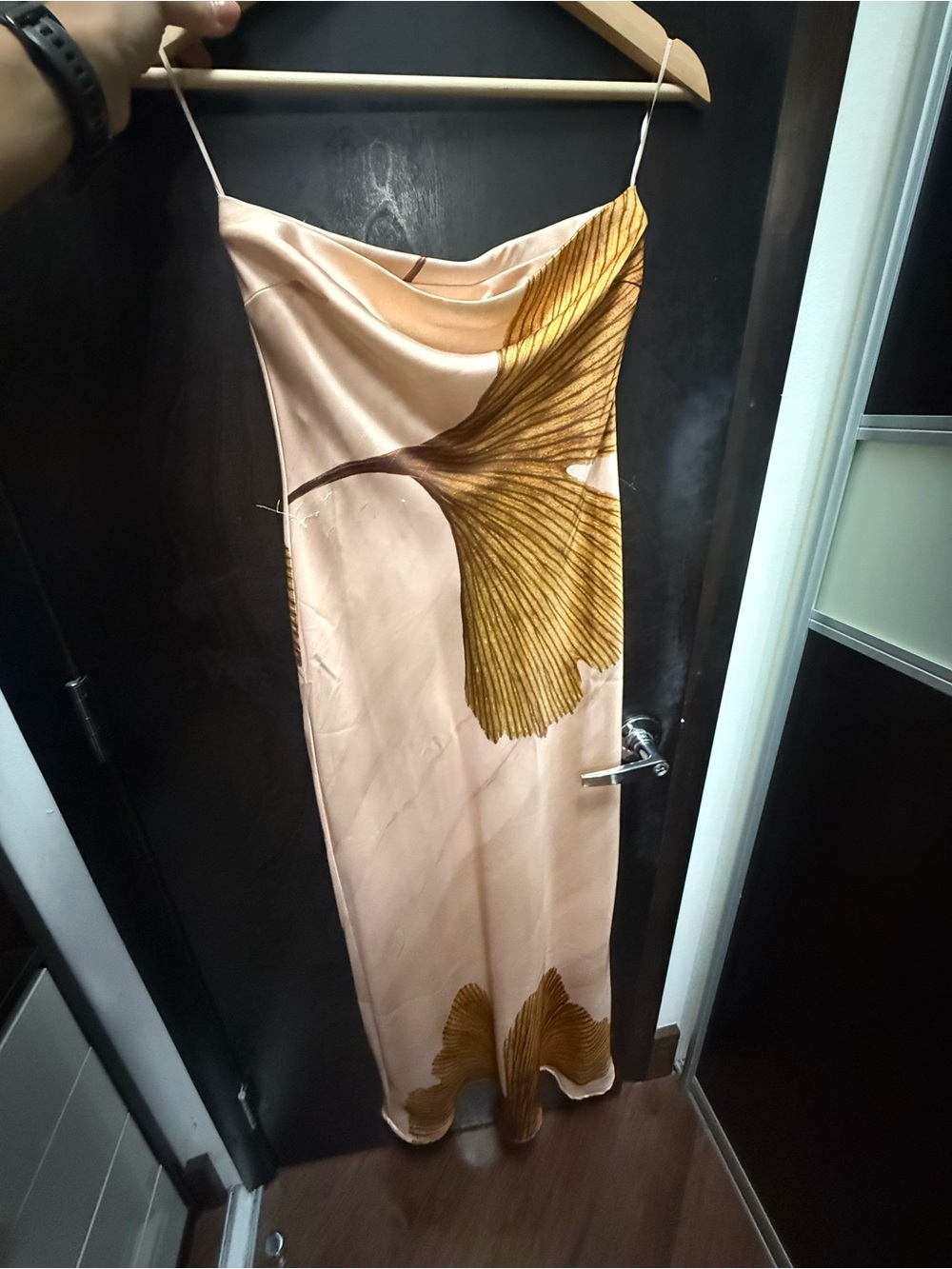 Anthropologie Blush Slip Maxi Dress with Golden Leaf Print